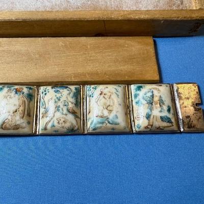 Vintage Hand Painted Asian Storyteller Bovine 7.5” Sterling Bracelet in Good Preowned Condition. (Some of the Paint Scenes are very Weak).