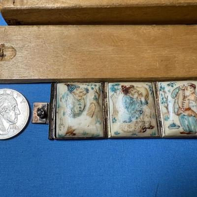 Vintage Hand Painted Asian Storyteller Bovine 7.5” Sterling Bracelet in Good Preowned Condition. (Some of the Paint Scenes are very Weak).