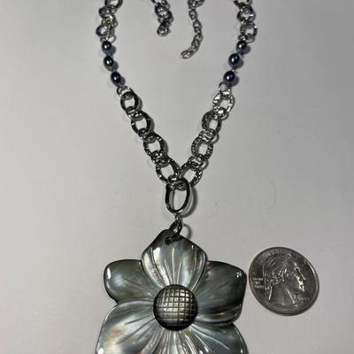 New Never Worn or Used "Milor" Stainless Steel Fashion Link Necklace 18-20" Adjustable w/Carved Flower Pendant as Pictured.