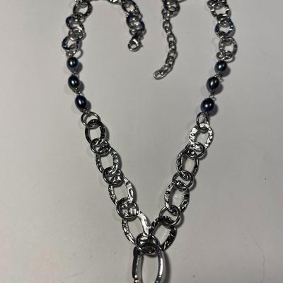 New Never Worn or Used "Milor" Stainless Steel Fashion Link Necklace 18-20" Adjustable w/Carved Flower Pendant as Pictured.