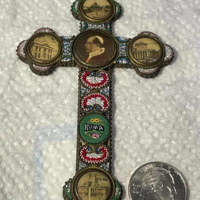Antique Victorian Era Micro-Mosaic CROSS/CRUCIFIX Made in Italy in Good Preowned Condition.