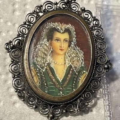 Antique .800 Silver Filigree Hand Painted Pin or Pendant from the 1800's in VG Preowned Condition as Pictured.