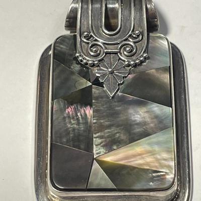 Heavy Sterling Silver & Abalone Bezel Set Slide Pendant 2.50" Tall in VG Preowned Condition as Pictured.