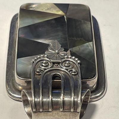 Heavy Sterling Silver & Abalone Bezel Set Slide Pendant 2.50" Tall in VG Preowned Condition as Pictured.