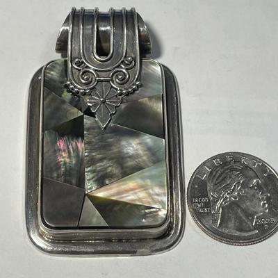 Heavy Sterling Silver & Abalone Bezel Set Slide Pendant 2.50" Tall in VG Preowned Condition as Pictured.