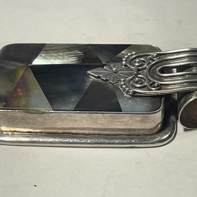 Heavy Sterling Silver & Abalone Bezel Set Slide Pendant 2.50" Tall in VG Preowned Condition as Pictured.