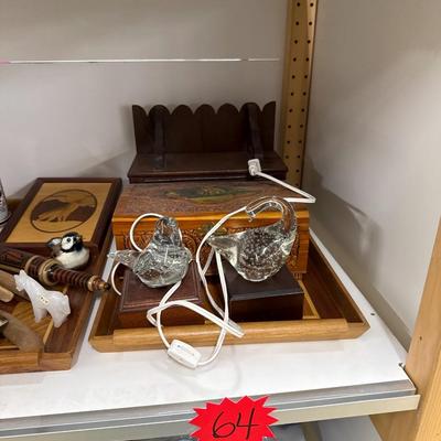 Sale Photo Thumbnail #318: Wooden tray, two light up bird figures, box, shelf