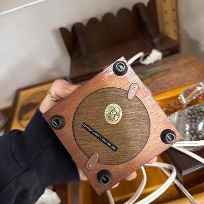 Sale Photo Thumbnail #319: Wooden tray, two light up bird figures, box, shelf