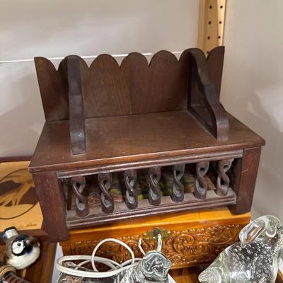 Sale Photo Thumbnail #323: Wooden tray, two light up bird figures, box, shelf
