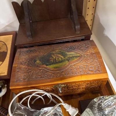 Sale Photo Thumbnail #321: Wooden tray, two light up bird figures, box, shelf