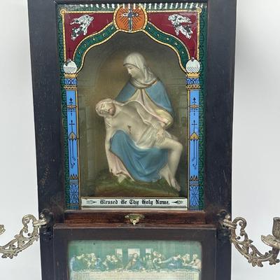 Vintage Catholic Devotional Wall Shrine – Pietà & Last Supper Shadow Box