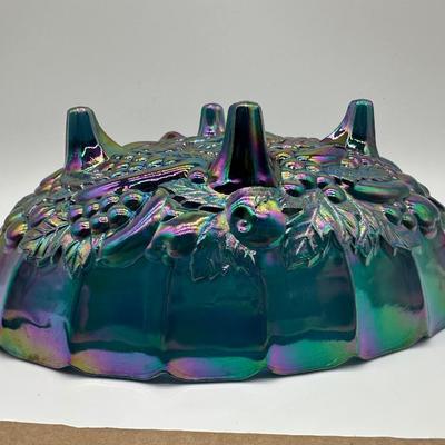 Vintage Blue Carnival Glass Three-Footed Grape Pattern Bowl