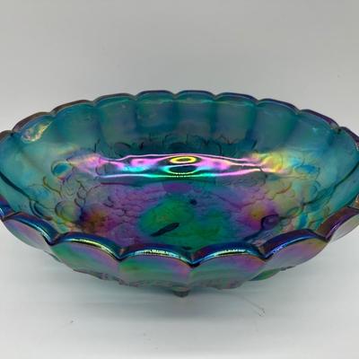 Vintage Blue Carnival Glass Three-Footed Grape Pattern Bowl