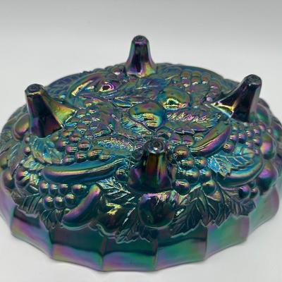 Vintage Blue Carnival Glass Three-Footed Grape Pattern Bowl