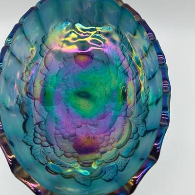 Vintage Blue Carnival Glass Three-Footed Grape Pattern Bowl