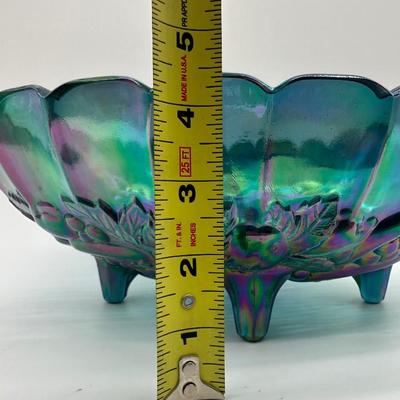Vintage Blue Carnival Glass Three-Footed Grape Pattern Bowl