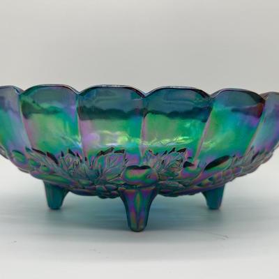 Vintage Blue Carnival Glass Three-Footed Grape Pattern Bowl
