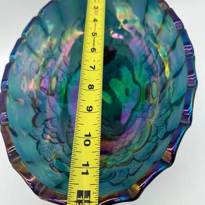 Vintage Blue Carnival Glass Three-Footed Grape Pattern Bowl