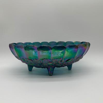 Vintage Blue Carnival Glass Three-Footed Grape Pattern Bowl