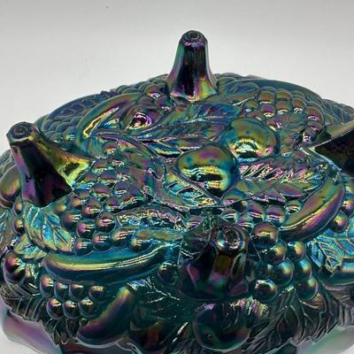 Vintage Blue Carnival Glass Three-Footed Grape Pattern Bowl