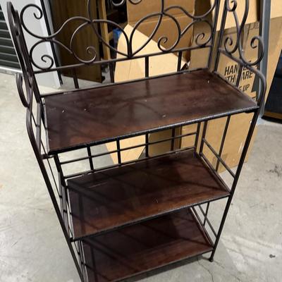Folding metal shelving unit with wood shelves