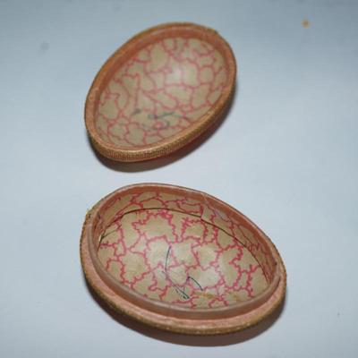 Sale Photo Thumbnail #239: three  chicks covered with a felt fabric , very soft, silk florals and ribbon . little black bead eyes.  and decorated with ribbon and other. The base is a hard white plastic. 
1940- 1950's? 
felt is missing on a few of the feet. two of the beaks have a l
