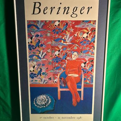 Sale Photo Thumbnail #31: A framed exhibition poster for Bernard Beringer, advertising a display at Berggruen & Cie, Paris, from October 1st to November 21st, 1981. The design features a vibrant artwork with floral patterns and a seated figure. The frame is simple and complements 