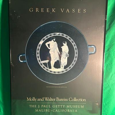 Sale Photo Thumbnail #40: Framed poster titled "Greek Vases" featuring an artifact from the Molly and Walter Bareiss Collection at the J. Paul Getty Museum in Malibu, California. The poster depicts a decorative Greek vase design in black and white. Framed under glass with a black 