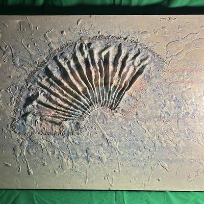 Sale Photo Thumbnail #43: Abstract painting featuring a central arched, textured pattern resembling a fossil imprint or shell. The artwork is on a canvas background with various grooves and embossing adding depth and complexity. The canvass surface showcases neutral tones interspe