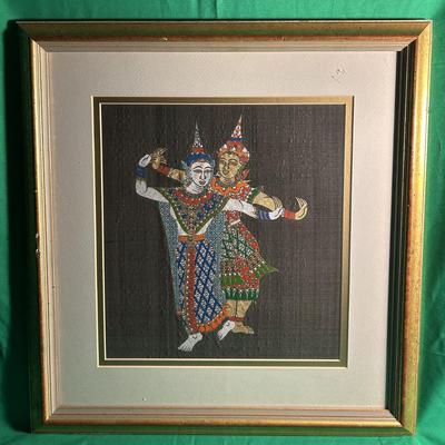 Sale Photo Thumbnail #46: Framed Thai beaded textile art pieces featuring traditional dancers. Each piece displays intricate beadwork with vibrant colors on a black textile background. Set in matching gold-tone wooden frames with double matting. Frames show minor signs of wear con