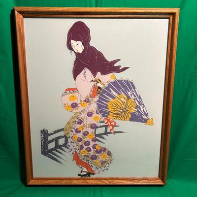 Sale Photo Thumbnail #60: Framed artwork depicting a Japanese-inspired figure of a woman wearing a floral-patterned garment and holding an umbrella. The piece is mounted in a light wooden frame and features a minimalist background. Frame and artwork are in good condition, with no 