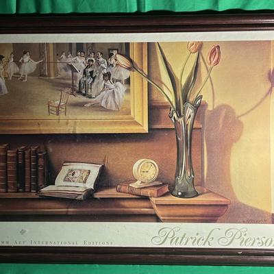Sale Photo Thumbnail #75: Framed art print by Patrick Pierson showcasing a ballet-themed scene. The artwork features a composition with a classical ballet rehearsal in the background as part of a painting within the image. Surrounding elements include a vase of tulips, a clock, an