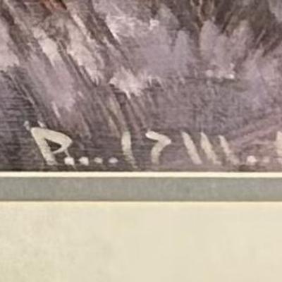 Sale Photo Thumbnail #78: A framed painting depicting a serene tropical beach scene with palm trees, sandy shores, and distant sailboats. The work is signed by the artist in the bottom right corner. The artwork is set in an ornate gold-tone frame with detailed carvings, and protec