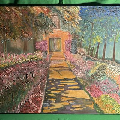 Sale Photo Thumbnail #79: A garden landscape painting in an impressionist style showcasing a pathway surrounded by colorful foliage and trees. The artwork incorporates vibrant textures and rich colors, giving a vivid depiction of a serene outdoor scene. Medium is likely oil or acr