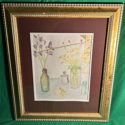 Sale Photo Thumbnail #86: Framed floral still life artwork created with pastel medium. The composition includes vases filled with flowers, rendered in soft hues. Mounted on a maroon mat and displayed in a gold-tone decorative frame. The artwork is protected under glass and is suit