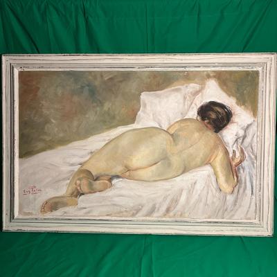 Sale Photo Thumbnail #105: Oil on canvas depicting a reclining nude figure lying on a white surface against a neutral background. Signed by the artist in the lower left corner. Set in a distressed white wooden frame with visible grain texture. Size, condition details, and artist’