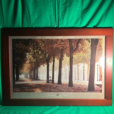 Sale Photo Thumbnail #107: Framed print featuring a scenic view of a tree-lined pathway with autumn foliage. The piece is housed in a wooden frame with a glass covering. The lower margin includes the printed text ‘Parisian Lights.’ The artwork and frame show signs of light wear