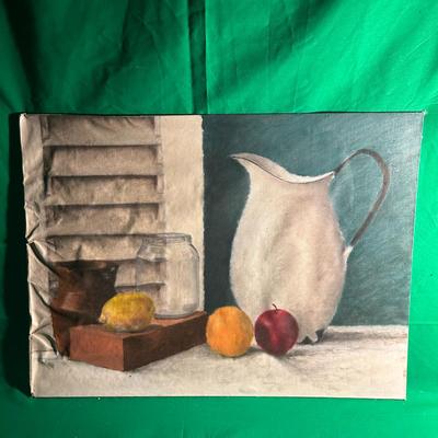 Sale Photo Thumbnail #120: Oil painting on canvas depicting a still life arrangement with a white pitcher, a glass jar, two pieces of fruit, and a wooden surface against a green and white background. The canvas shows minor wear, with visible texture consistent with oil on canvas. D