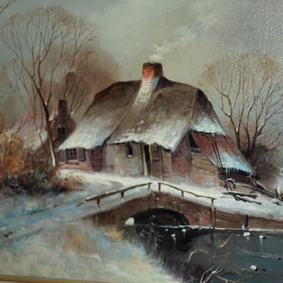 Sale Photo Thumbnail #256: A very nice reproduction of a mix of folk art to realism theme, Cottage in winter near skating pond
The giclee has been reproduced on canvas and accented with brush strokes of white highlight.
the reproduction is very well done and has a warm welcome attr