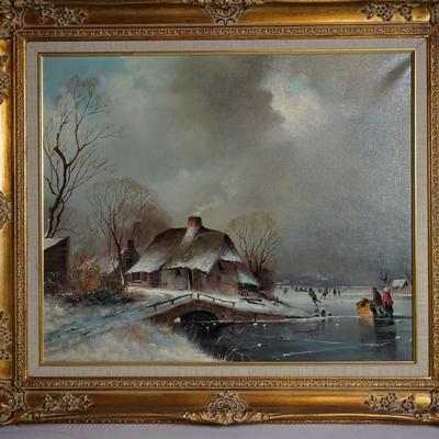 Sale Photo Thumbnail #257: A very nice reproduction of a mix of folk art to realism theme, Cottage in winter near skating pond
The giclee has been reproduced on canvas and accented with brush strokes of white highlight.
the reproduction is very well done and has a warm welcome attr