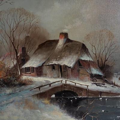 Sale Photo Thumbnail #259: A very nice reproduction of a mix of folk art to realism theme, Cottage in winter near skating pond
The giclee has been reproduced on canvas and accented with brush strokes of white highlight.
the reproduction is very well done and has a warm welcome attr