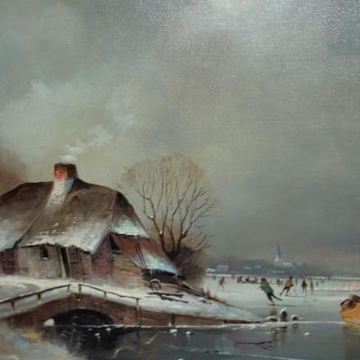 Sale Photo Thumbnail #261: A very nice reproduction of a mix of folk art to realism theme, Cottage in winter near skating pond
The giclee has been reproduced on canvas and accented with brush strokes of white highlight.
the reproduction is very well done and has a warm welcome attr