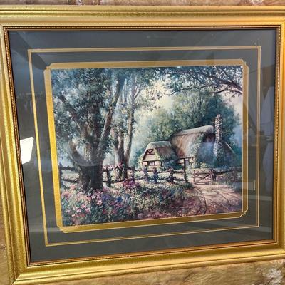Sale Photo Thumbnail #252: Framed art print of a cottage landscape by artist Bergeron. 
Beautiful Gold guild frame measures 34.5“ x 31“