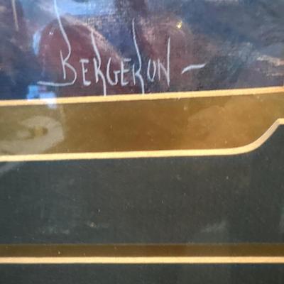 Sale Photo Thumbnail #253: Framed art print of a cottage landscape by artist Bergeron. 
Beautiful Gold guild frame measures 34.5“ x 31“