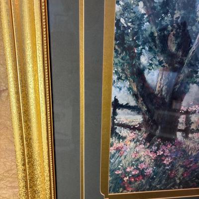 Sale Photo Thumbnail #254: Framed art print of a cottage landscape by artist Bergeron. 
Beautiful Gold guild frame measures 34.5“ x 31“