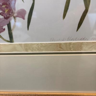 Sale Photo Thumbnail #257: Beautifully framed and matted floral by Elizabeth Blackadder. Frame measures 37.5“ x 30“ beautiful, gold, guild and white..