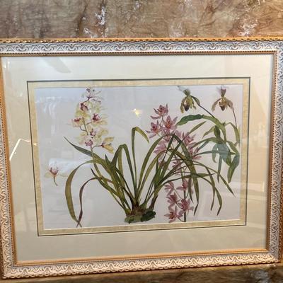 Sale Photo Thumbnail #256: Beautifully framed and matted floral by Elizabeth Blackadder. Frame measures 37.5“ x 30“ beautiful, gold, guild and white..