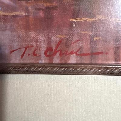 Sale Photo Thumbnail #268: Beautiful fall colors in this pictorial of trees, bridge and water. Print displays a signature. Great frame measuring 44“ x 20“.