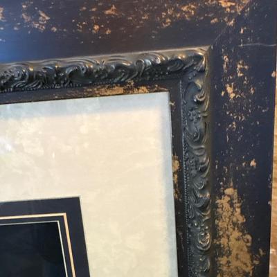 Sale Photo Thumbnail #275: Beautiful rectangle frame measuring 42.5“ x 19“. Art displays floral and fruit. with dark background and light features.