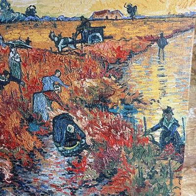 Sale Photo Thumbnail #290: Colorful and primitive appearing art on canvas. Piece measure measures 24” x 18”.